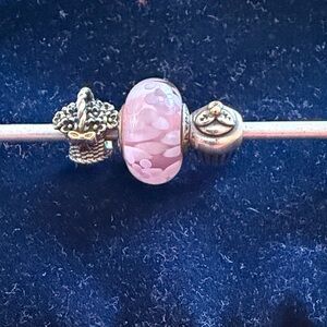 Pandora vintage set - pink large bead, sterling silver cupcake and flower basket